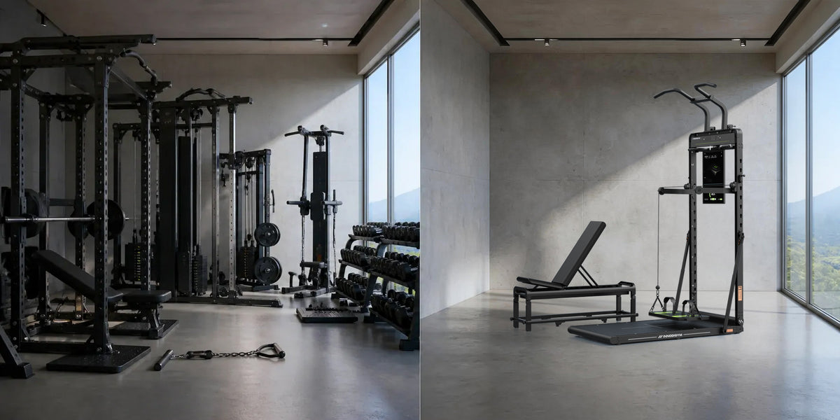 Una stanza con attrezzi da palestra separati accanto a un OMNI X1 Pro in una stanza vuota