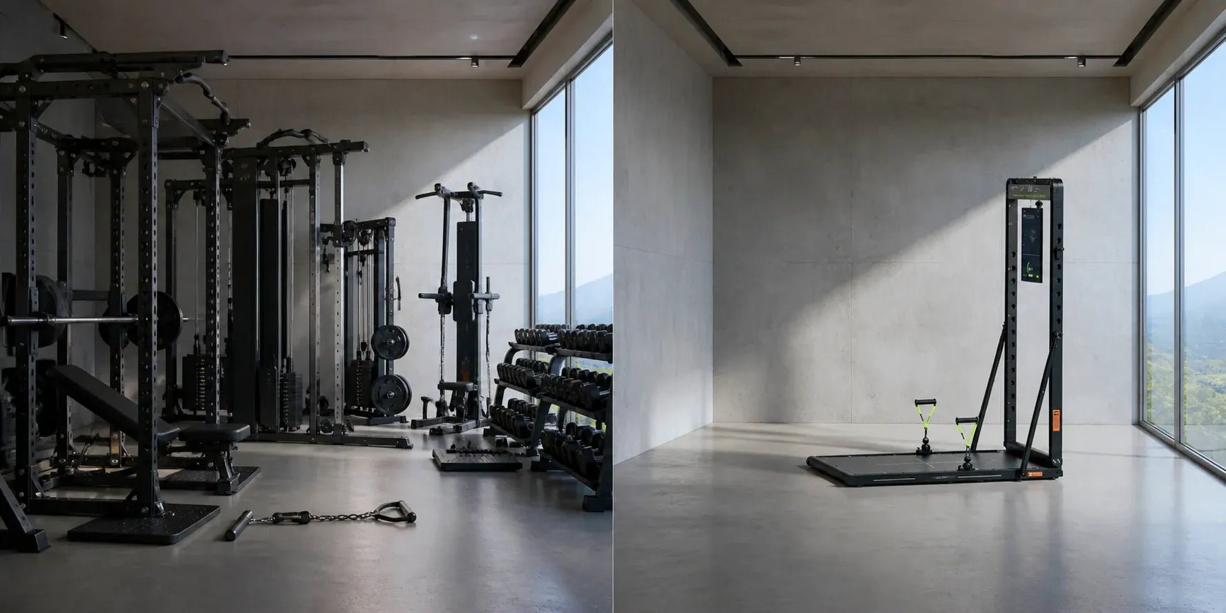 Una stanza con attrezzi da palestra separati accanto a un OMNI X1 Pro in una stanza vuota